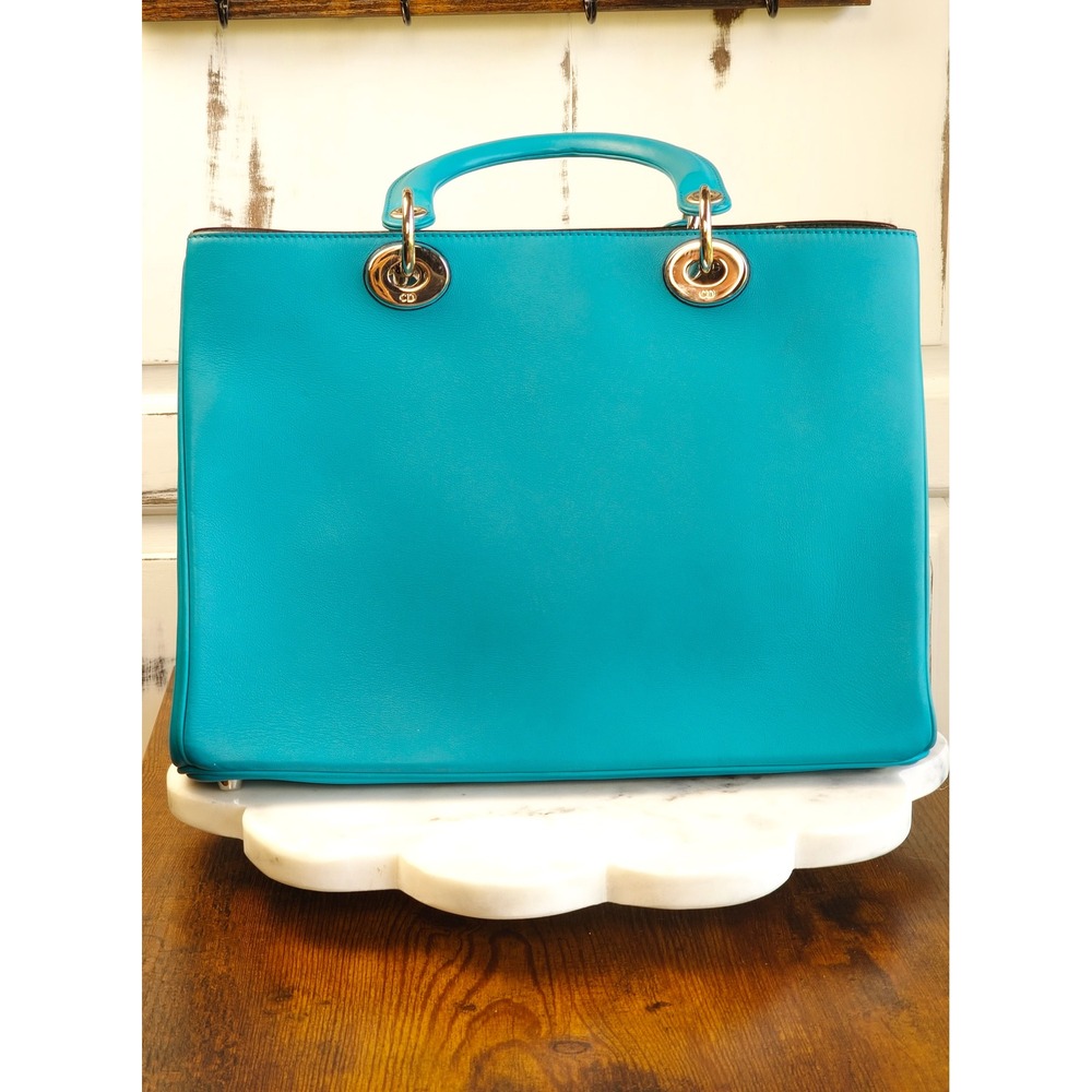 Christian Dior Diorissimo Turquoise Leather Tote Bag Silver Hardware with Pouch - Picture 3 of 16
